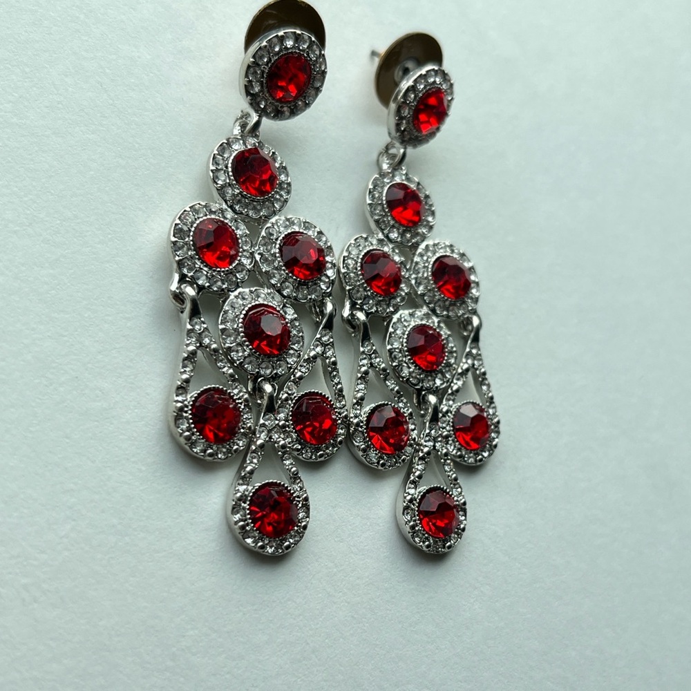 Monet Silver and Red Gemstone Earrings